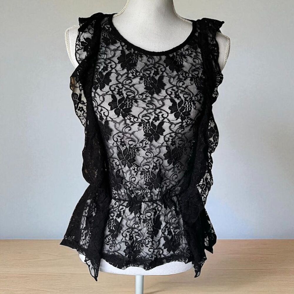 Peony USA Black Floral Lace Sleeveless Ruffle Peplum Top Women’s Size L
